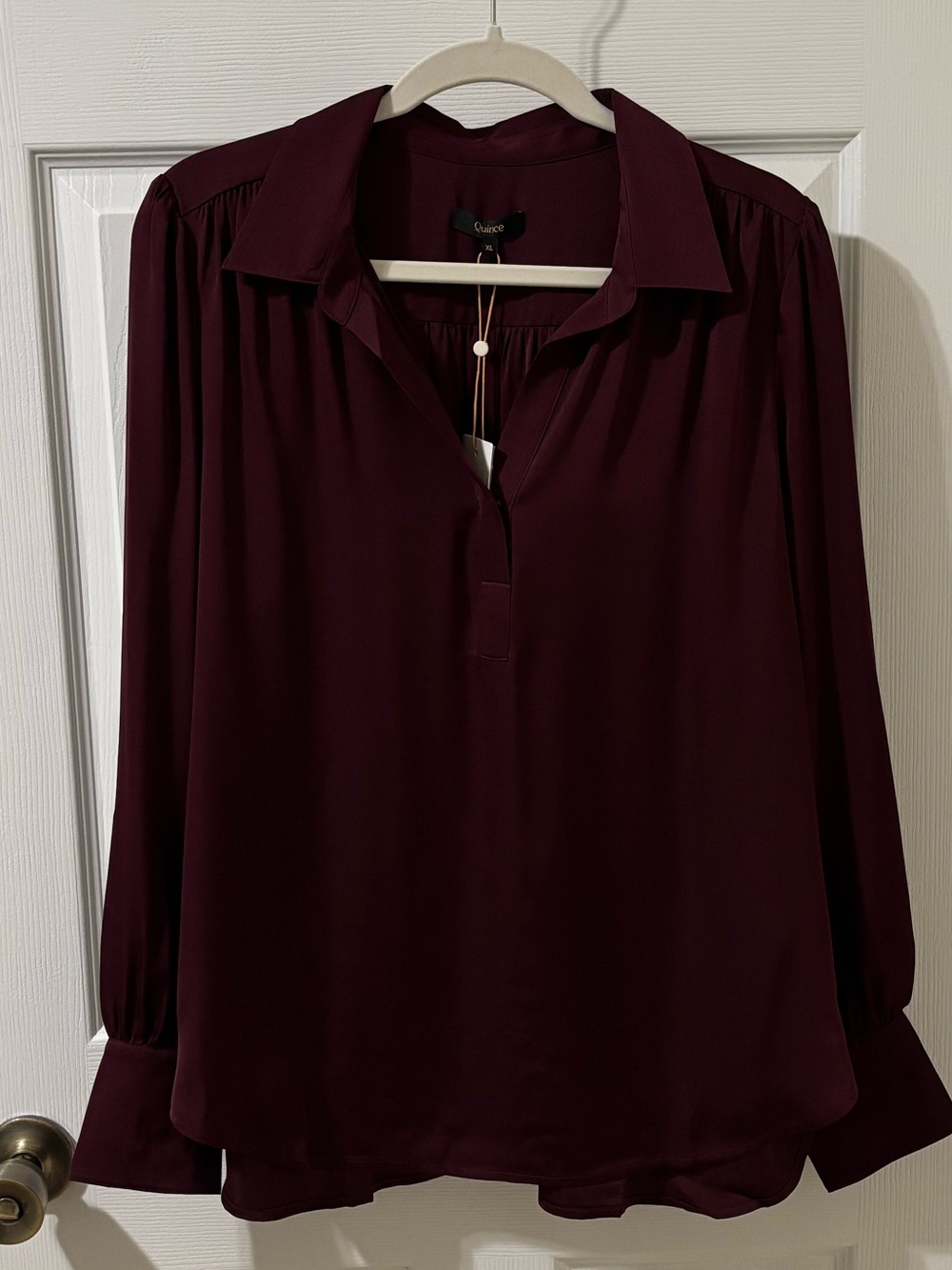 NWT Quince Washable Stretch Silk Split Neck Blouse in Wine Tasting Red XLarge